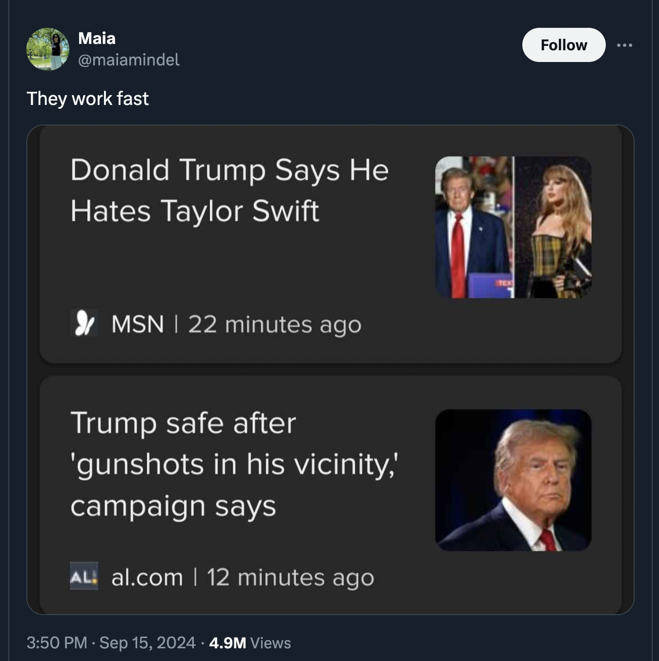 screenshot - Maia They work fast Donald Trump Says He Hates Taylor Swift Msn 122 minutes ago Trump safe after 'gunshots in his vicinity,' campaign says All al.com | 12 minutes ago 4.9M Views